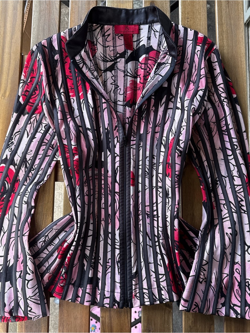 JS Collections Pink Floral Stripe Bomber Jacket with Red Accents